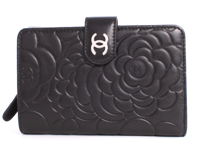 シャネル スーパーコピー CHANEL カメリア ラムスキン 二つ折財布 ブラック＆シルバー A50087 