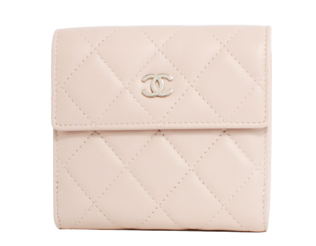 シャネル スーパーコピー CHANEL マトラッセライン ラムスキン 二つ折財布 ライトピンク＆シルバー A48980 