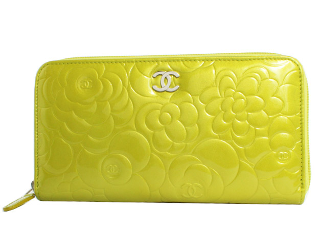 シャネル スーパーコピー CHANEL カメリア エナメル 長財布 ライムグリーン＆シルバー A50085