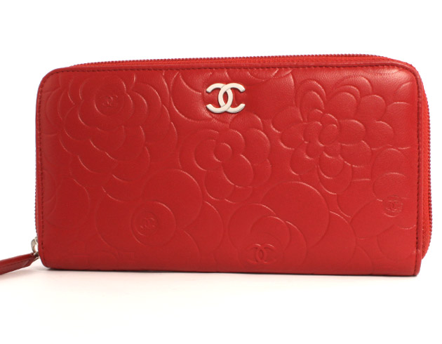 シャネル スーパーコピー CHANEL カメリア ラムスキン 長財布 ルージュレッド＆シルバー A50085