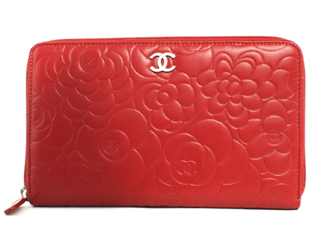 シャネル スーパーコピー CHANEL カメリア ラムスキン 長財布 ルージュレッド＆シルバー A50932 