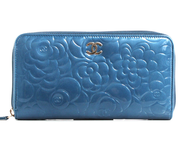 シャネル スーパーコピー CHANEL カメリア エナメル 長財布 ブルー＆シルバー A50085