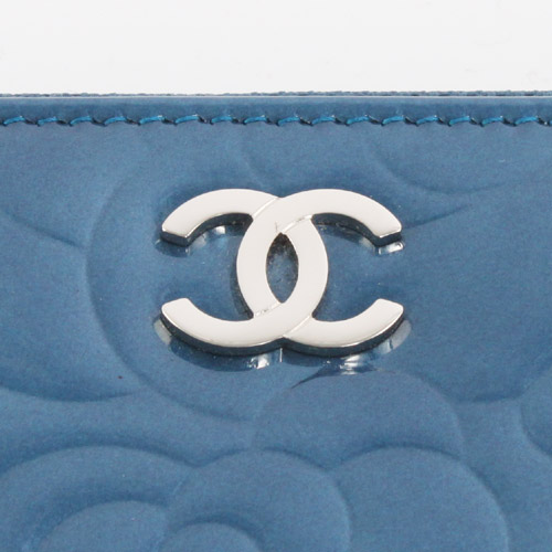 シャネル スーパーコピー CHANEL カメリア エナメル 長財布 ブルー＆シルバー A50085
