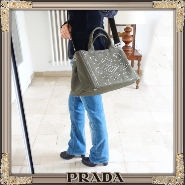 国内即納PRADA★2Wayビジュースタッズ★ Canapaトート★Militare