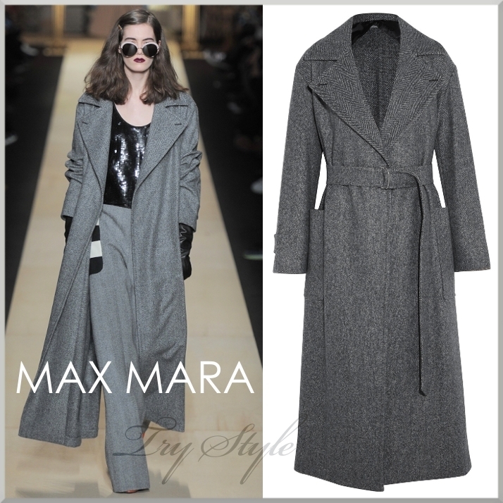 16-17AW★マックスマーラ【Max Mara】ウール ヘリンボーン ベルト付 ガウン コート