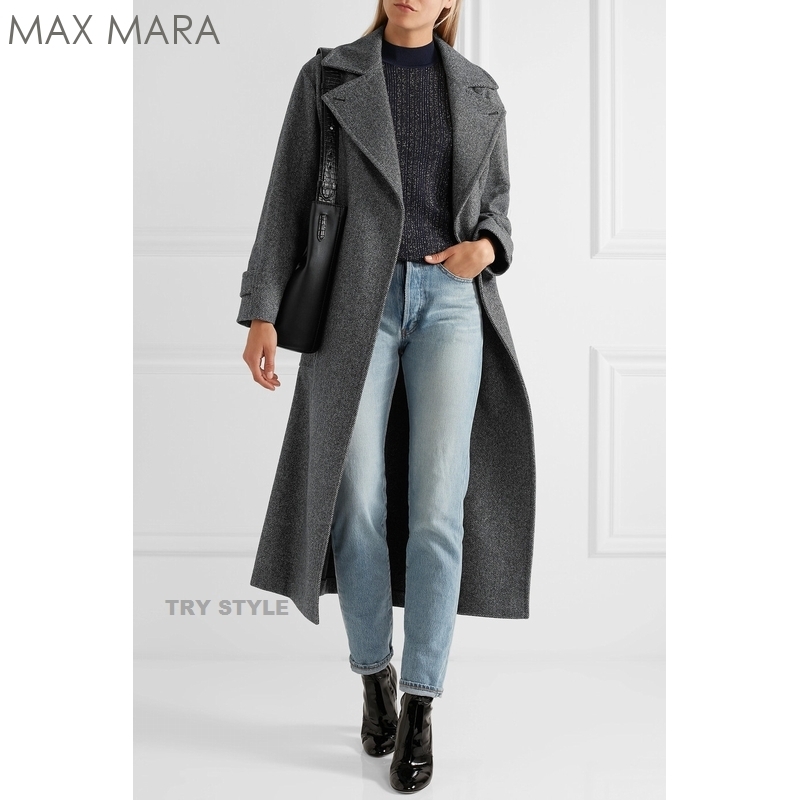 16-17AW★マックスマーラ【Max Mara】ウール ヘリンボーン ベルト付 ガウン コート