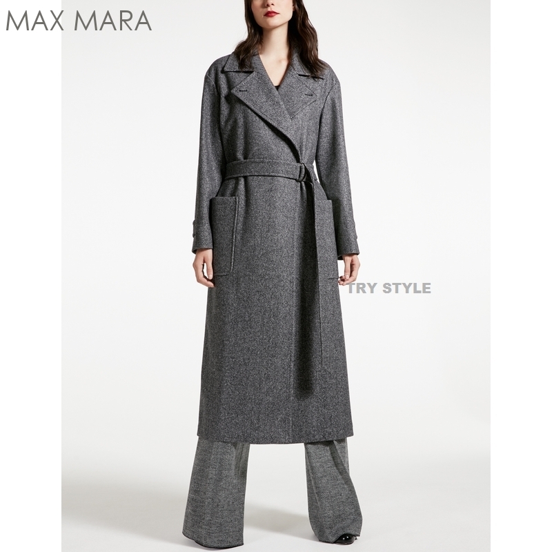 16-17AW★マックスマーラ【Max Mara】ウール ヘリンボーン ベルト付 ガウン コート