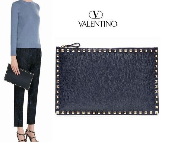 15SS☆Valentino ヴァレンティノスーパーコピー☆ レザーロックスタッズクラッチ/ネイビー