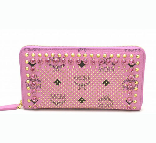 エムシーエム MCM スーパーコピー ロゴグラム ラウンドファスナー 長財布 ピンク スタッズ ビジュー