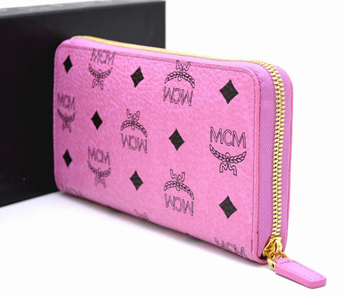 エムシーエム MCM スーパーコピー ロゴグラム ラウンドファスナー 長財布 ピンク スタッズ ビジュー