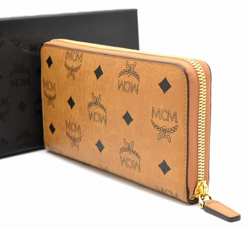 エムシーエム MCM スーパーコピー ロゴグラム ラウンドファスナー 長財布 コニャック キャメル スタッズ ビジュー