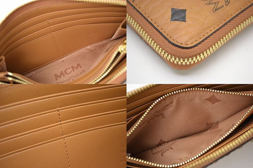 エムシーエム MCM スーパーコピー ロゴグラム ラウンドファスナー 長財布 コニャック キャメル スタッズ ビジュー