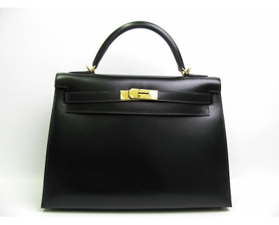 エルメス ケリー32（外縫い）ボックスカーフ-ブラック(金具：ゴールド）he1264