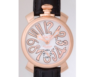 ガガ･ミラノ マニュアル48mm 手巻き 5011.8 ブラック皮 ホワイト/ピンクゴールドアラビア