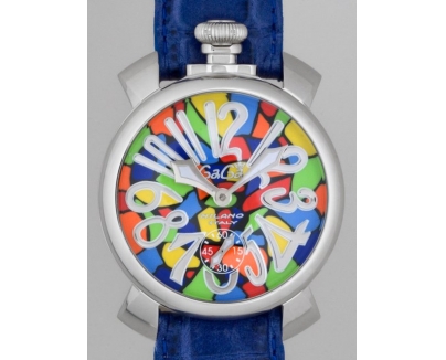 ガガ･ミラノ マニュアル48mm 手巻き 5010 MOSAICO 1 ブルー皮 マルチカラーモザイク