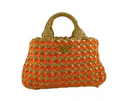 プラダ RAFFIA CROCHETかごバッグ NATURALE＋PAPAYA pb478(BN2303)