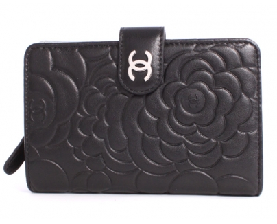 シャネル スーパーコピー CHANEL カメリア ラムスキン 二つ折財布 ブラック＆シルバー A50087