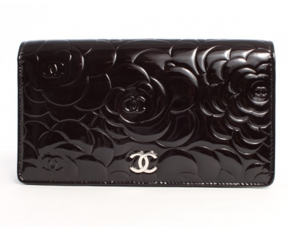 シャネル スーパーコピー CHANEL カメリア エナメル 長財布 ブラック＆シルバー A36544