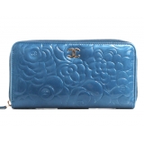 シャネル スーパーコピー CHANEL カメリア エナメル 長財布 ブルー＆シル...