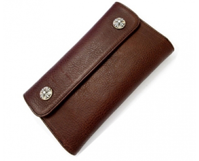【CHROME HEARTS】ウェーブ クロスボタン ブラウンレザー 長財布 Chromehearts 035