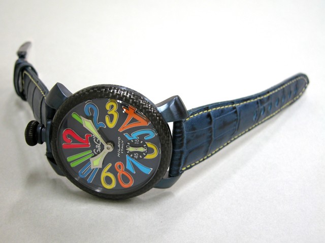 ガガ･ミラノ マニュアル 48mm 手巻き 5016.4 ブルー皮（イエローステッチ） ブルーソレイユ/マルチカラーアラビア
