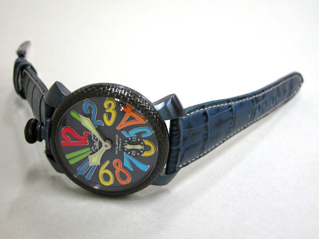 ガガ･ミラノ マニュアル 48mm 手巻き 5016.4 ブルー皮（ホワイトステッチ） ブルーソレイユ/マルチカラーアラビア