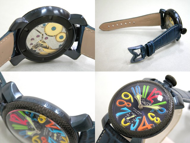 ガガ･ミラノ マニュアル 48mm 手巻き 5016.4 ブルー皮（ホワイトステッチ） ブルーソレイユ/マルチカラーアラビア