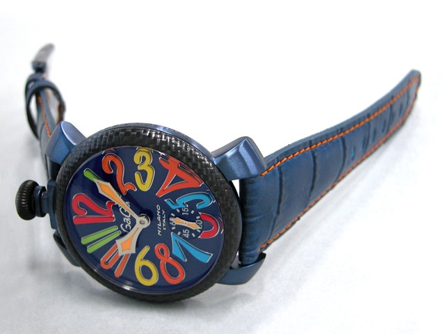 ガガ･ミラノ マニュアル 48mm 手巻き 5016.4 ブルー皮（オレンジステッチ） ブルーソレイユ/マルチカラーアラビア
