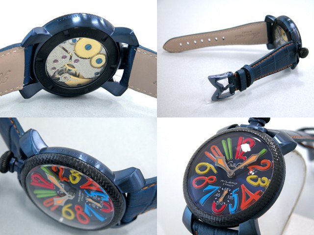 ガガ･ミラノ マニュアル 48mm 手巻き 5016.4 ブルー皮（オレンジステッチ） ブルーソレイユ/マルチカラーアラビア