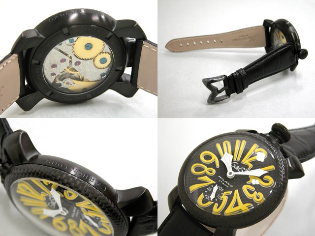 ガガ･ミラノ マニュアル 48mm 手巻き 5016.2 ブラック皮（ブラックステッチ） ブラックカーボン/イエローアラビア
