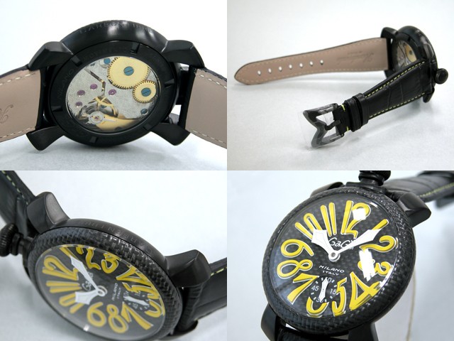 ガガ･ミラノ マニュアル 48mm 手巻き 5016.2 ブラック皮（イエローステッチ） ブラックカーボン/イエローアラビア