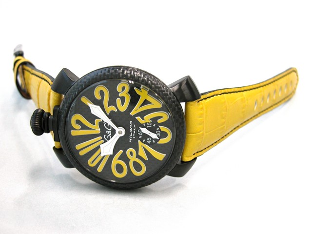 ガガ･ミラノ マニュアル 48mm 手巻き 5016.2 イエロー皮 ブラックカーボン/イエローアラビア