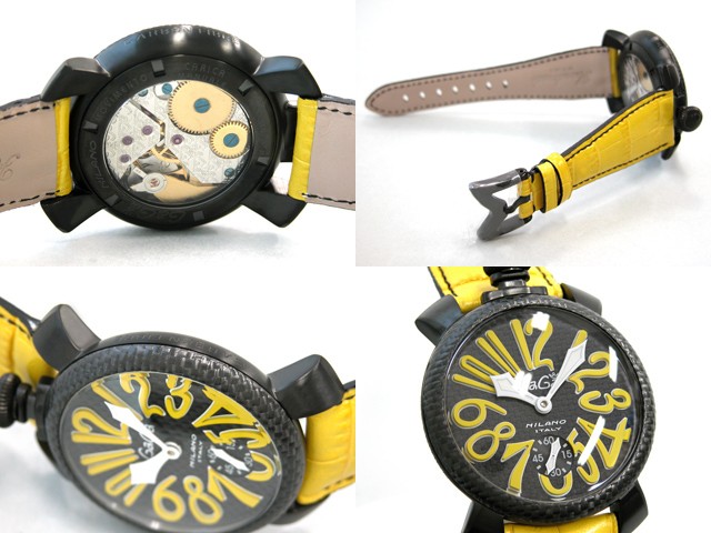 ガガ･ミラノ マニュアル 48mm 手巻き 5016.2 イエロー皮 ブラックカーボン/イエローアラビア