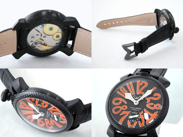 ガガ･ミラノ マニュアル 48mm 手巻き 5016.1 ブラック皮（ブラックステッチ） ブラックカーボン/オレンジアラビア