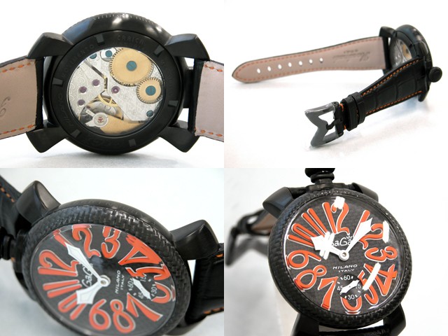 ガガ･ミラノ マニュアル 48mm 手巻き 5016.1 ブラック皮（オレンジステッチ） ブラックカーボン/オレンジアラビア