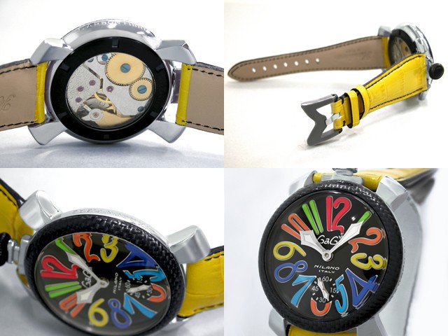 ガガ･ミラノ マニュアル 48mm 手巻き 5015 イエロー皮 ブラック/マルチカラーアラビア