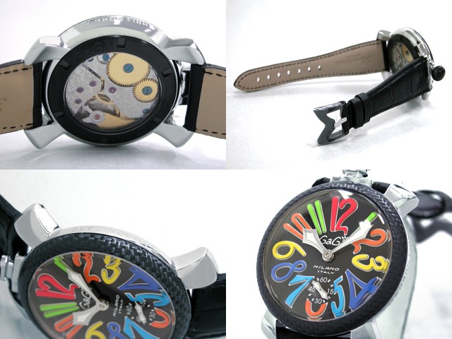 ガガ･ミラノ マニュアル 48mm 手巻き 5015 ブラック皮 ブラック/マルチカラーアラビア