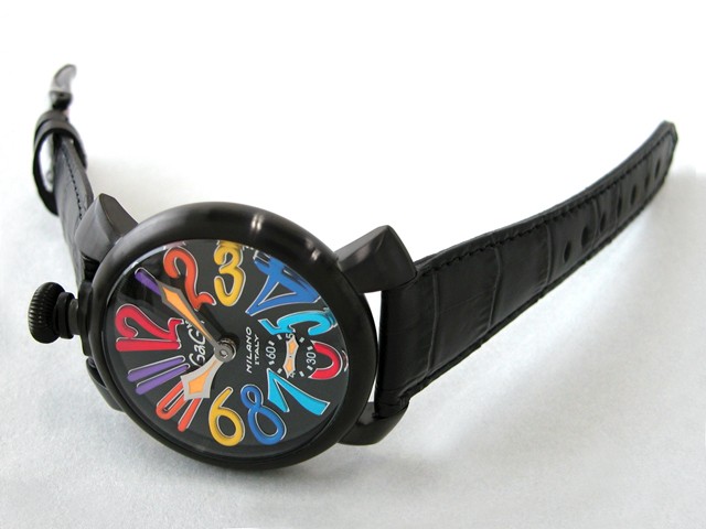 ガガ･ミラノ マニュアル 48mm 手巻き 5012.3 ブラック皮（ブラックステッチ） ブラックマット/マルチカラーアラビア