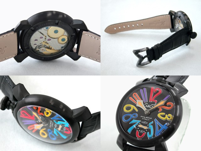 ガガ･ミラノ マニュアル 48mm 手巻き 5012.3 ブラック皮（ブラックステッチ） ブラックマット/マルチカラーアラビア