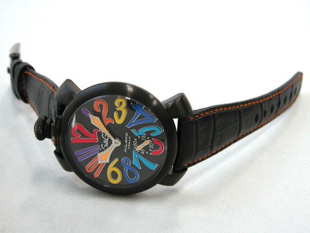 ガガ･ミラノ マニュアル 48mm 手巻き 5012.3 ブラック皮（オレンジステッチ） ブラックマット/マルチカラーアラビア