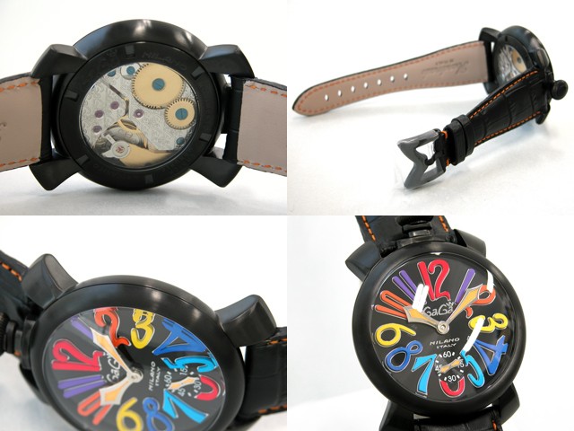 ガガ･ミラノ マニュアル 48mm 手巻き 5012.3 ブラック皮（オレンジステッチ） ブラックマット/マルチカラーアラビア