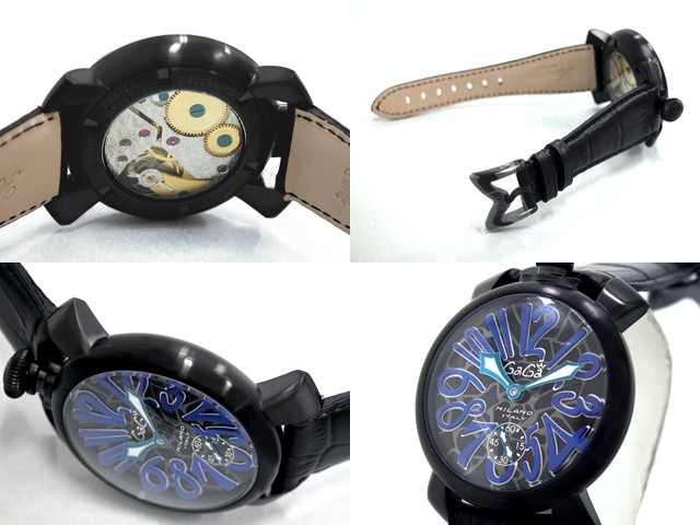 ガガ･ミラノ マニュアル 48mm 手巻き 5012 MOSAICO 2 ブラック皮（ブラックステッチ） ブラックモザイク/ブルーアラビア