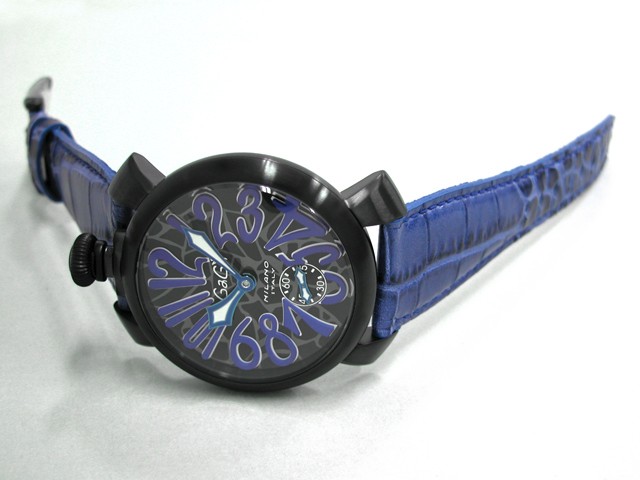ガガ･ミラノ マニュアル 48mm 手巻き 5012 MOSAICO 2 ブルー皮 ブラックモザイク/ブルーアラビア