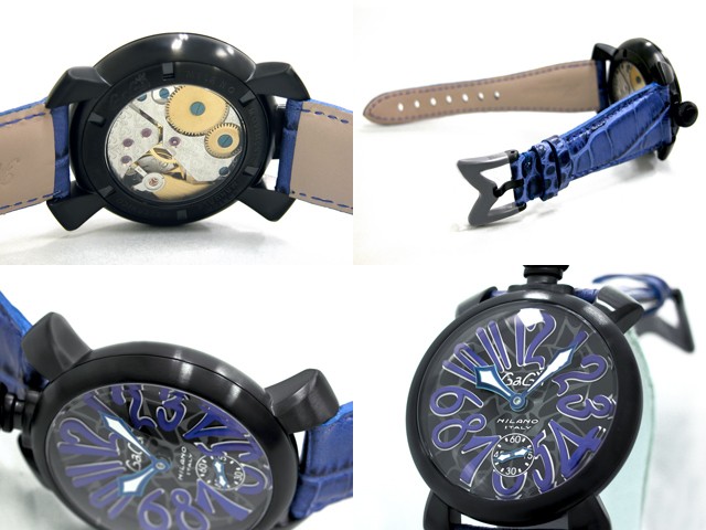 ガガ･ミラノ マニュアル 48mm 手巻き 5012 MOSAICO 2 ブルー皮 ブラックモザイク/ブルーアラビア