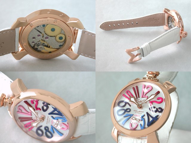 ガガ･ミラノ マニュアル 48mm 手巻き 5011.9 ホワイト皮 シルバー/マルチカラーアラビア