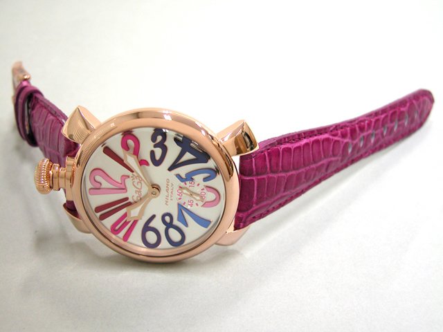 ガガ･ミラノ マニュアル48mm 手巻き 5011.9 チェリー皮 シルバー/マルチカラーアラビア