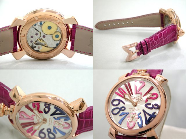 ガガ･ミラノ マニュアル48mm 手巻き 5011.9 チェリー皮 シルバー/マルチカラーアラビア
