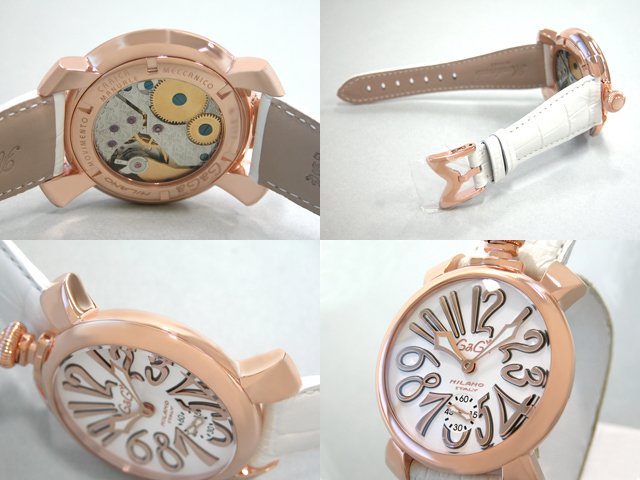 ガガ･ミラノ マニュアル48mm 手巻き 5011.8 ホワイト皮 ホワイト/ピンクゴールドアラビア