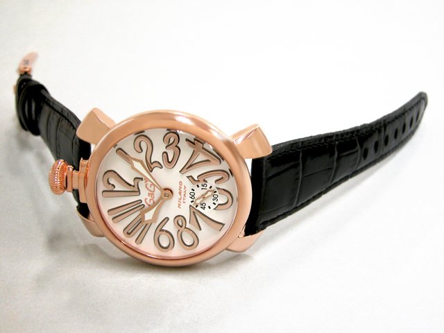 ガガ･ミラノ マニュアル48mm 手巻き 5011.8 ブラック皮 ホワイト/ピンクゴールドアラビア