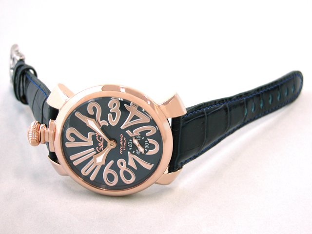 ガガ･ミラノ マニュアル48mm 手巻き 5011.5 ブルー皮 ブルーソレイユ/ピンクゴールドアラビア
